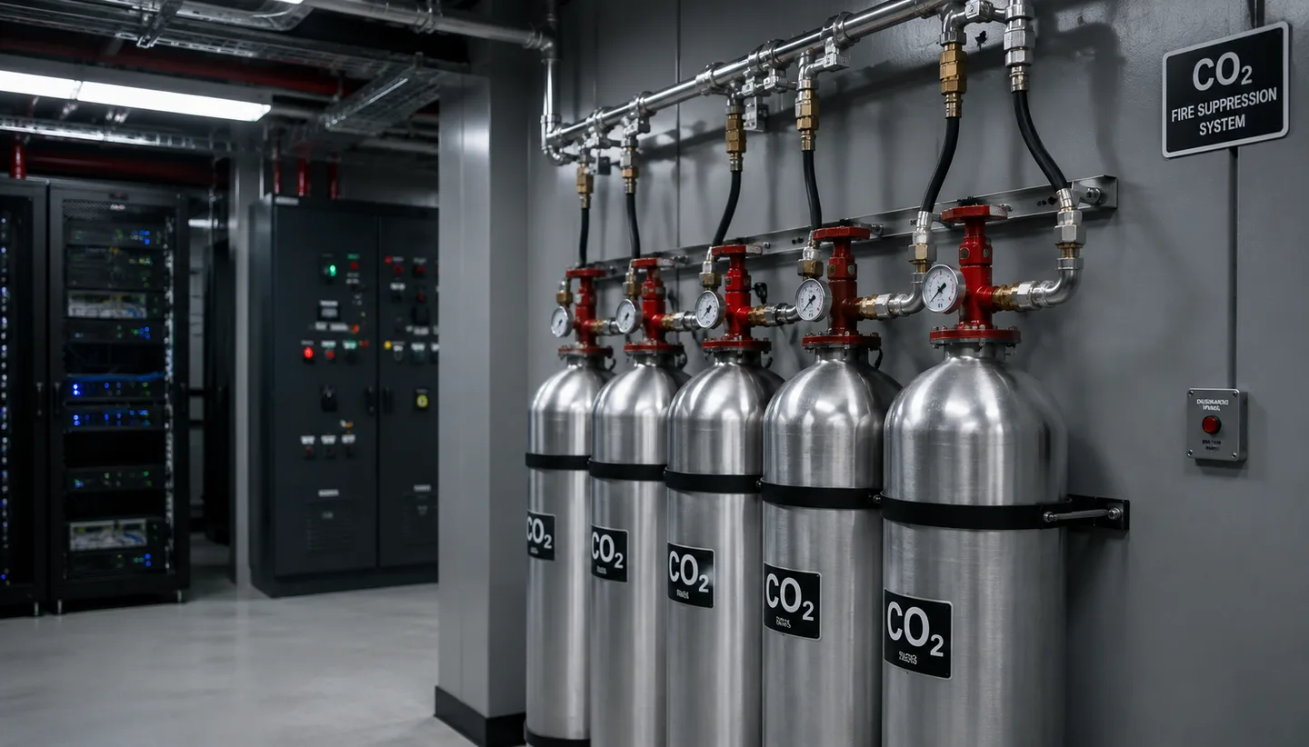 Row of CO2 fire suppression cylinders with pressure gauges installed in a technical server room