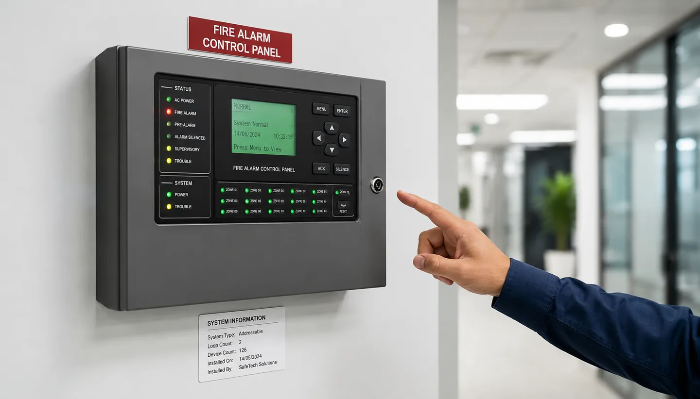 Technician inspecting a fire alarm control panel with illuminated zone indicators in a commercial building