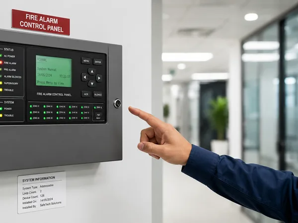 Technician inspecting a fire alarm control panel with illuminated zone indicators