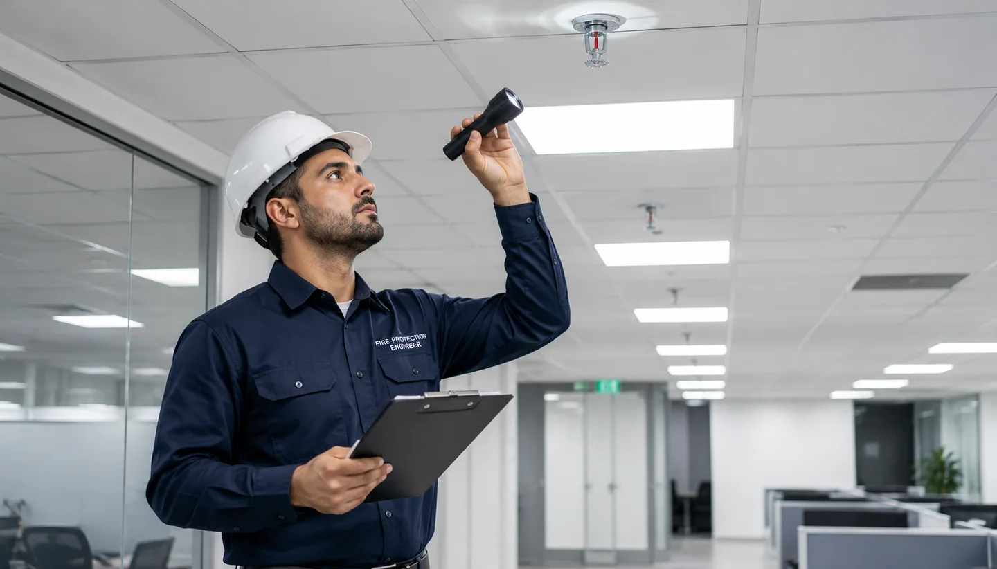 Fire protection engineer performing a routine sprinkler head inspection in a commercial office ceiling